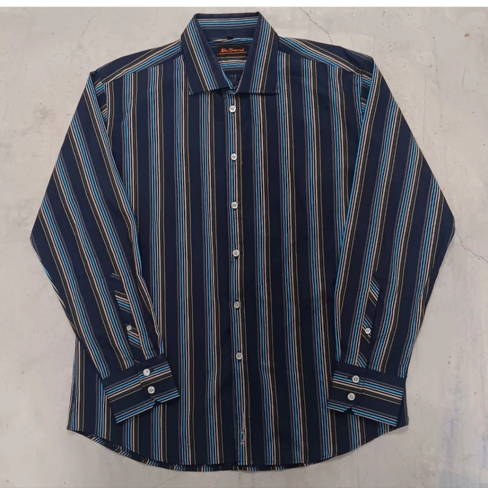 Men's Ben Sherman Blue Striped Button Down Long Sleeve Shirt Sz Large Unique